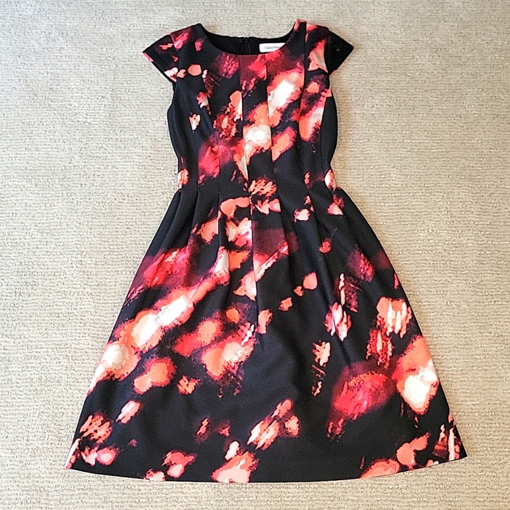 Calvin Klein Black and Pink Bold Abstract Spring Cocktail Dress w/ Hidden Pocket